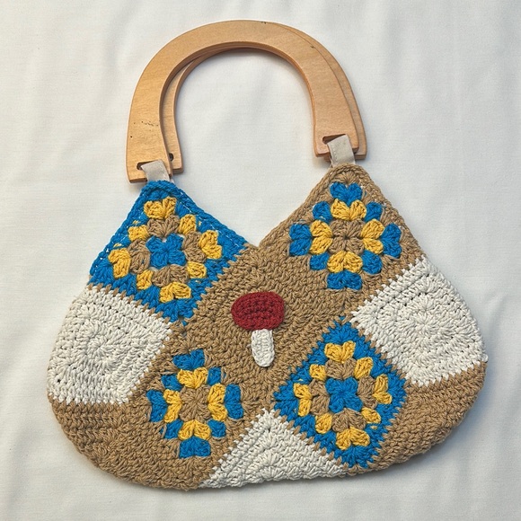 Handbags - Handcrafted Mushroom Crochet Tote Bag - Blue, Yellow, White, Tan